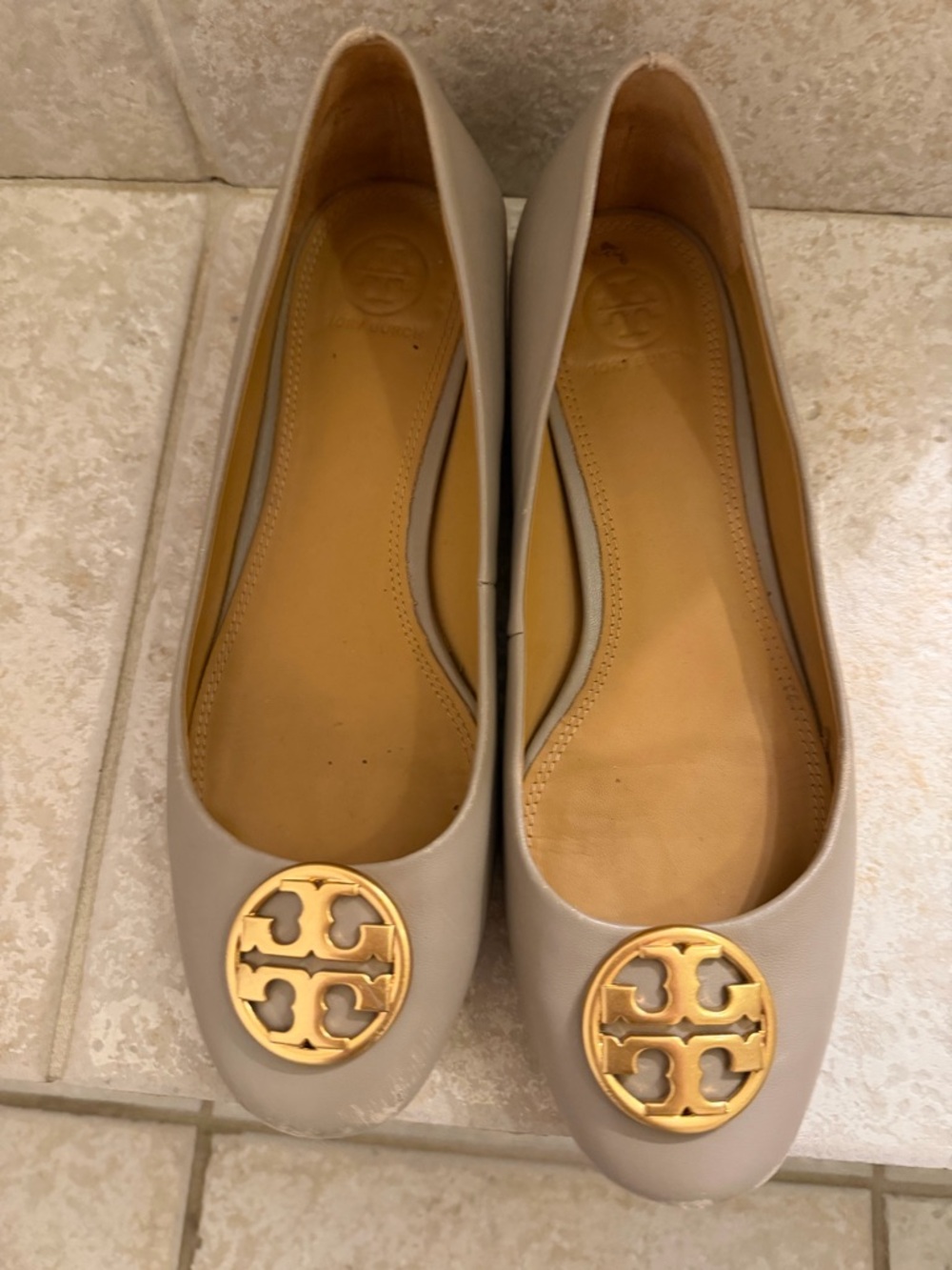 Tory Burch Taupe Leather Logo Medallion Ballet Flats